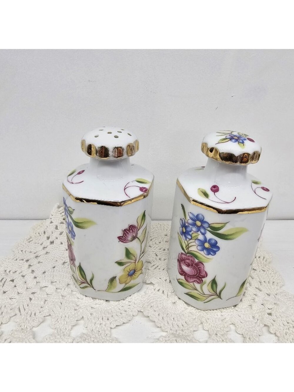 Vintage Porcelain Vanity Set 2 Piece Pink Floral White Lady Barrington Bottles